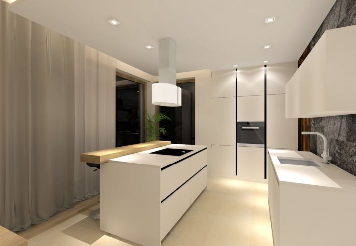 Projekt nowoczesnego, salonu połączonego z kuchnią i jadalnią.