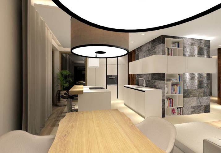 Projekt nowoczesnego, salonu połączonego z kuchnią i jadalnią.