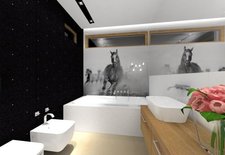 Projekt biało czarnej eleganckiej łazienki gościnnej.