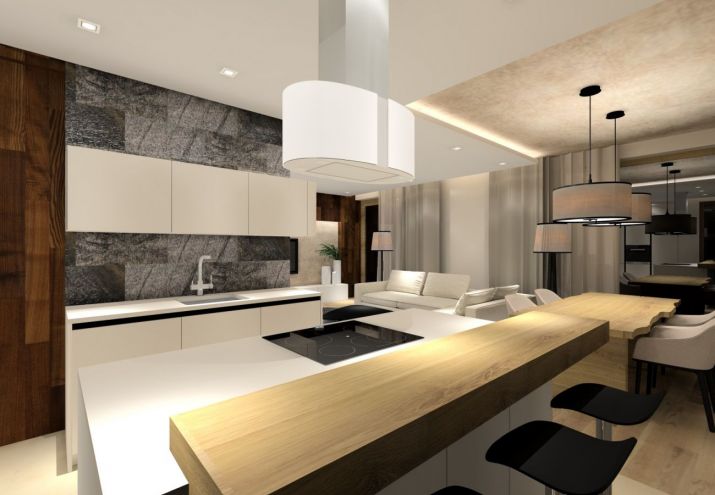 Projekt nowoczesnego, salonu połączonego z kuchnią i jadalnią.