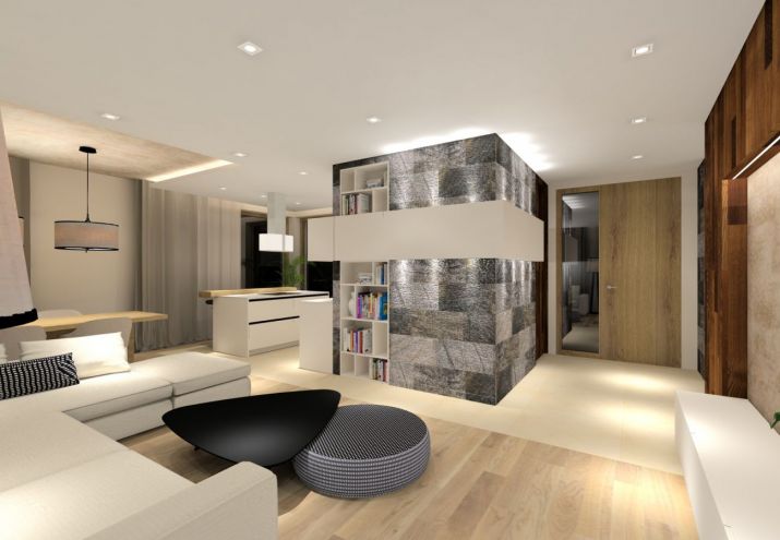 Projekt nowoczesnego, salonu połączonego z kuchnią i jadalnią.