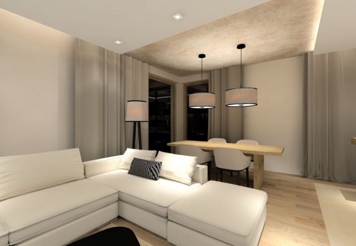 Projekt nowoczesnego, salonu połączonego z kuchnią i jadalnią.