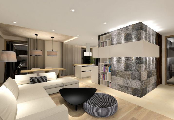 Projekt nowoczesnego, salonu połączonego z kuchnią i jadalnią.