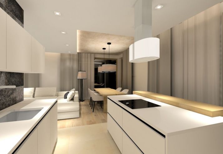 Projekt nowoczesnego, salonu połączonego z kuchnią i jadalnią.