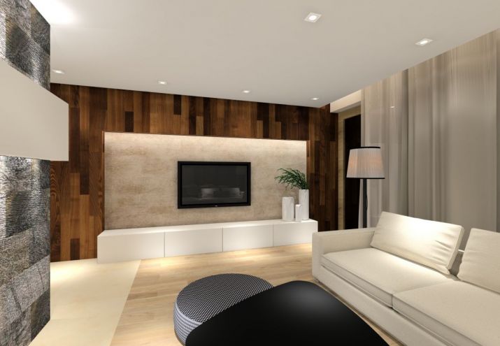 Projekt nowoczesnego, salonu połączonego z kuchnią i jadalnią.