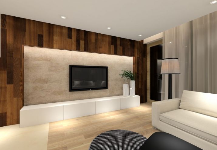 Projekt nowoczesnego, salonu połączonego z kuchnią i jadalnią.