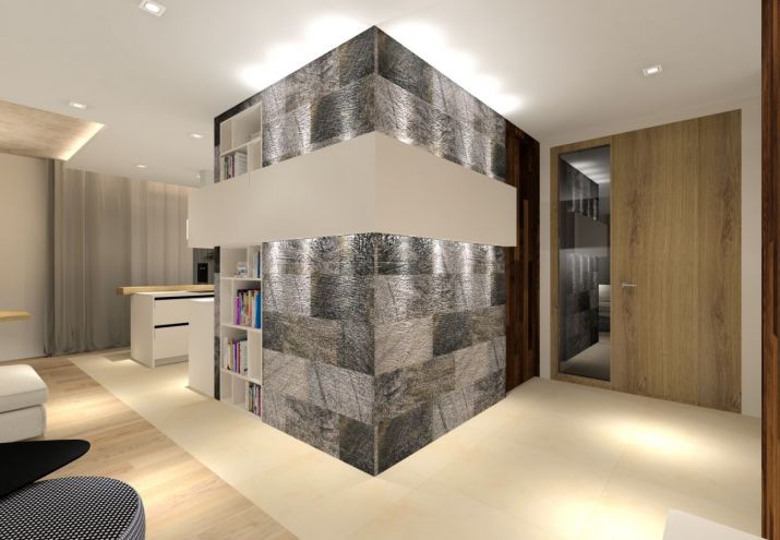 Projekt nowoczesnego, salonu połączonego z kuchnią i jadalnią.