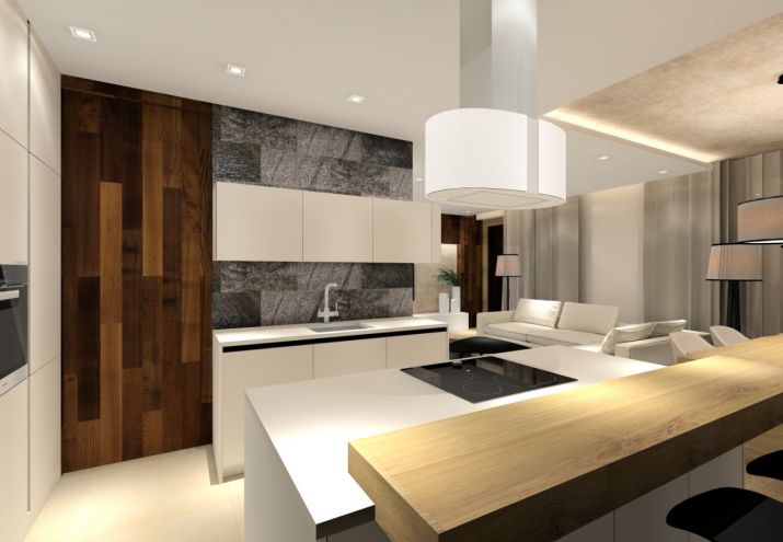 Projekt nowoczesnego, salonu połączonego z kuchnią i jadalnią.
