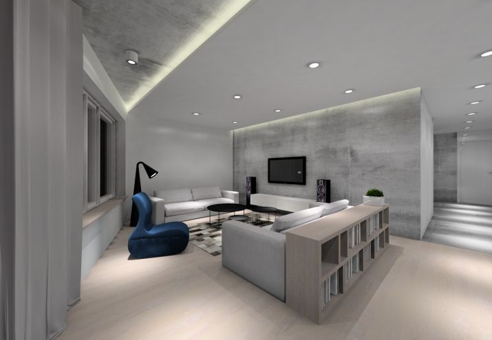Beton na suficie w nowoczesnym salonie.