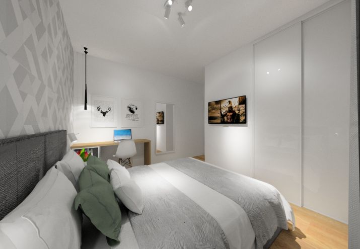 Aranżacja sypialni z telewizorem.