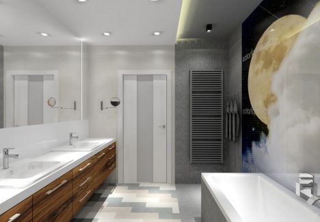 Projekt łazienki - szkło z nadrukiem zamiast płytek