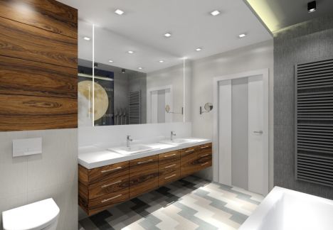 Projekt łazienki z szarymi płytkami i drewnem