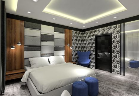 Projekt sypialni z szarą wykładziną