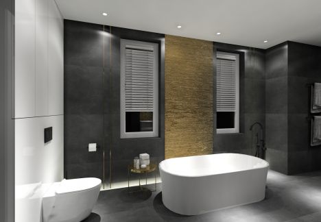 Łazienka gospodarzy została urządzona z zastosowaniem ciemno grafitowych płytek które zostały połączone z płytkami w kolorze złota. 