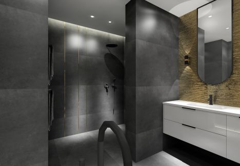 W łazience znajduje się wnęka która została wykorzystana na umieszczenie prysznica. To rozwiązanie daje niesamowity komfort korzystania z łazienki.