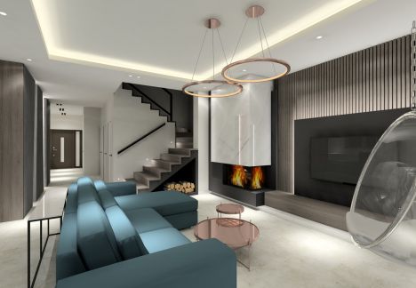 Na całym parterze domu zostały zastosowane płyty gresowe. 