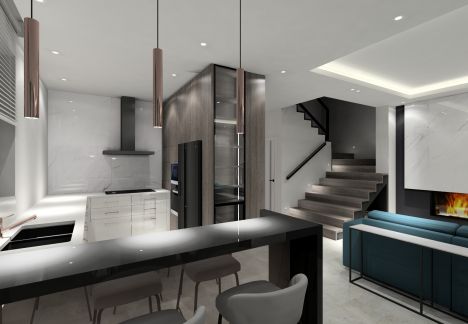 Zabudowa kuchni jest częściowo oddzielona od salonu wysoką zabudową meblową ukrywającą szafki oraz sprzęt AGD.