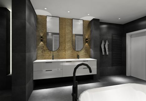 W łazience znajdują się 2 podwieszane pod blatem umywalki. Jest to bardzo wygodne i higieniczne rozwiązanie.